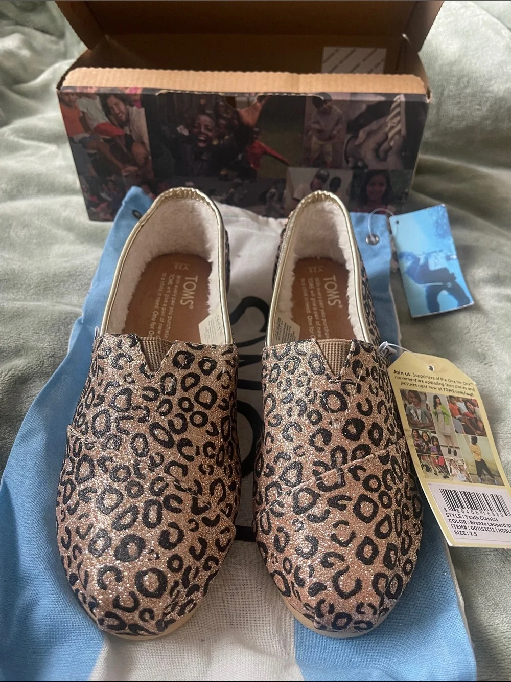 TOMS Kids Leopard Print Slip-On Moccasins - Tan and Black Glitter